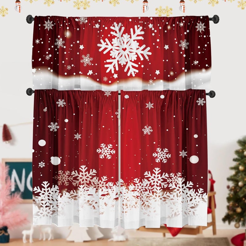 SUNWISHA Christmas Curtain Valances Set 52x18 & 36x26 inch Dreamy Red Snowflake Valance Holiday Inspired Decor for Winter Homes/Kitchen/Bedroom - Image 1